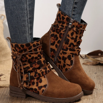 Buckle Square Heel Round Head Fashion Boots New Side Zipper Mid-calf