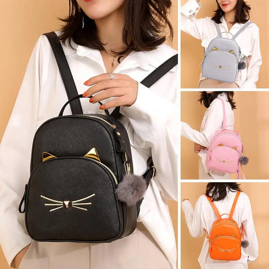 Fashion Women Backpacks Soft PU Leather Teenagers School Bag Ladies Cartoon Cat Square Backpack Female Multi-Pockets Travel Bags