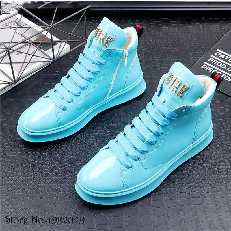 2021 Newest Trend Men‘s Glossy Blue High Tops Casual Platform Shoes Flats Loafers Male Trendsetter Sports Walking Sneakers