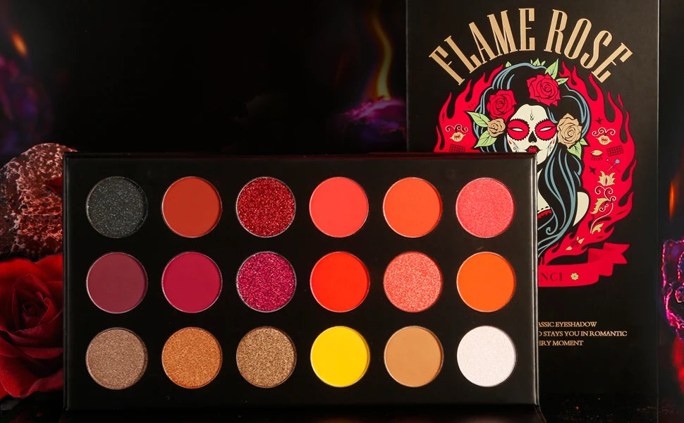 FLAME ROSE Red Eyeshadow Makeup Palette professional,DE'LANCI Pigmented 18 Color Eyeshadow Pallet Matte Shimmer Glitter