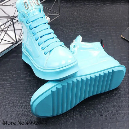 2021 Newest Trend Men‘s Glossy Blue High Tops Casual Platform Shoes Flats Loafers Male Trendsetter Sports Walking Sneakers