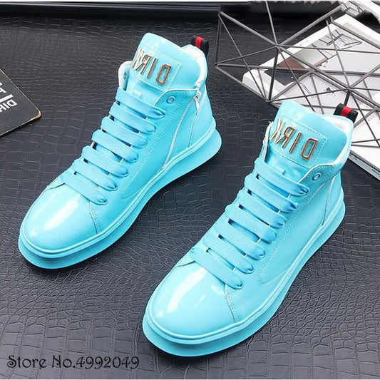 2021 Newest Trend Men‘s Glossy Blue High Tops Casual Platform Shoes Flats Loafers Male Trendsetter Sports Walking Sneakers