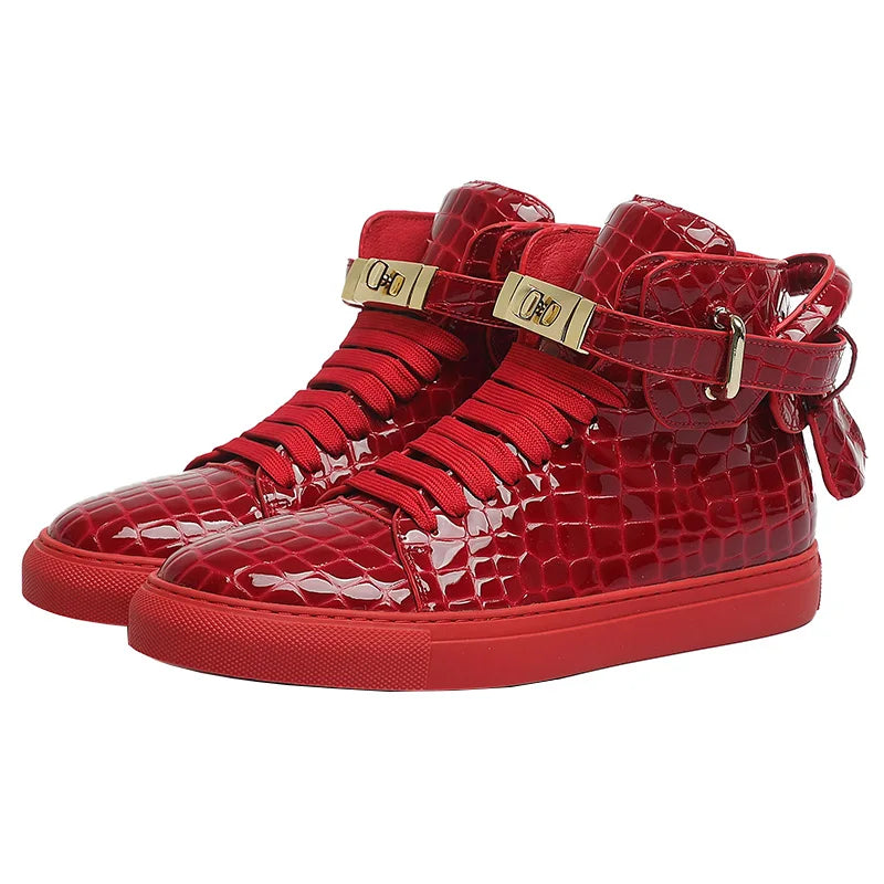 Men Embossed Crocodile High Top Sneakers Lock Lace Red Flats Real Leather Designer Boots Men‘s Casual Shoes