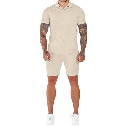 Men's Fashion Waffle V-neck Polo Short Sleeve Shorts Suit