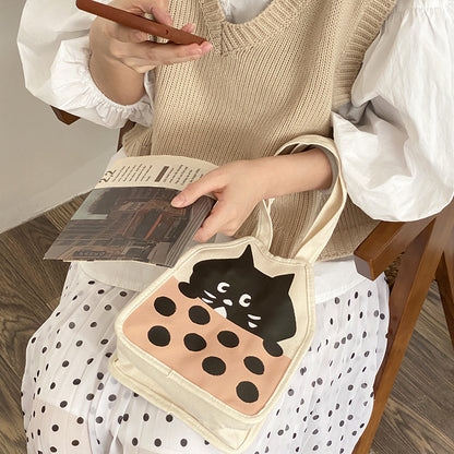Casual Hand-carrying Cute Kitten Illustration Canvas Bag Female