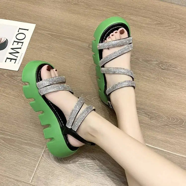 Summer Cross Strap Rhinestone Platform Platform Piano Bottom Open Toe Beach Sandals Women's Shoes Trend Sandles