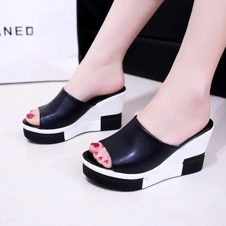 Summer New Women's Thick Bottom Sponge High Heel Solid Color Slippers Eva Outsole Slip-on One-piece Sandals Wholesale