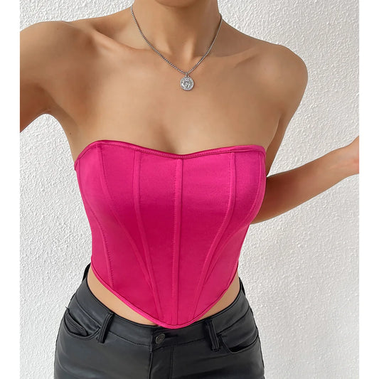 Women Crop Tops 2023 Spring Satin Corset Off Shoulder Bone Patchwork Romance Sexy Cincher Waist Shapewear Tank Body Shaper