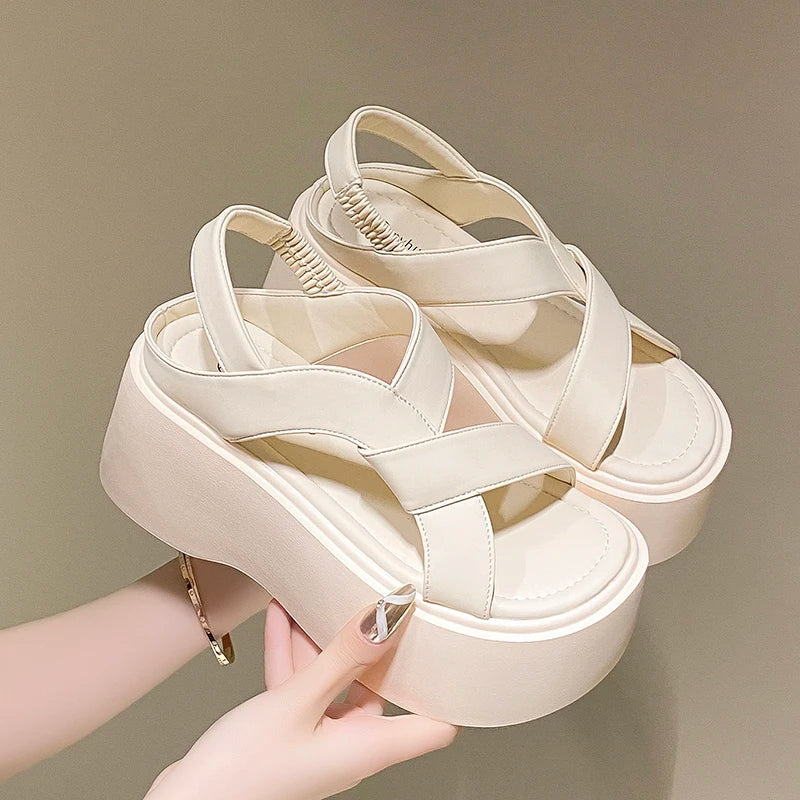 8.5cm NEW PU Women Peep Toe Weave Natural Cow Genuine Leather Platform Wedge 2024 Fashion Slippers ROME Summer Women Shoes