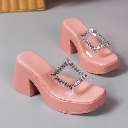 women's new high heeled square toe rhinestone slippers for wearing waterproof platform thick sole sandals slippers