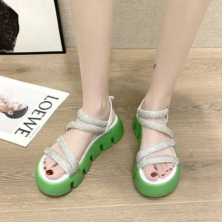 Summer Cross Strap Rhinestone Platform Platform Piano Bottom Open Toe Beach Sandals Women's Shoes Trend Sandles