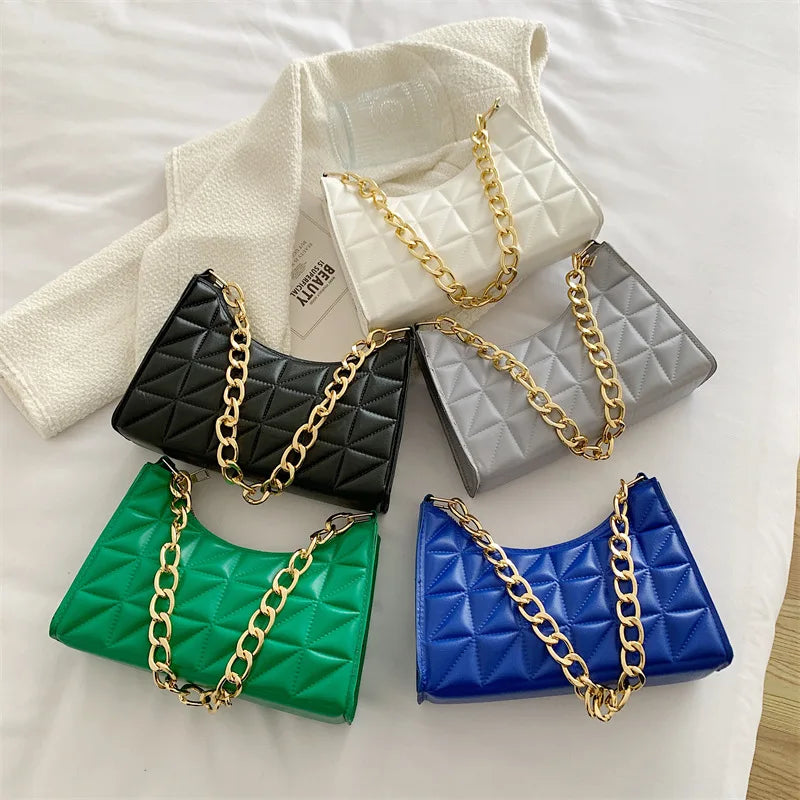 100% Polyurethane Solid Color Stitching Underarm Bag Chain One-shoulder WOMEN'S Bag