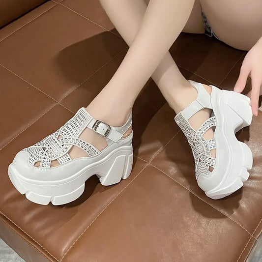 Women's Fashionable Mules Rhinestone Sandals Synthetic Platform Wedge Buckle Women's Fashion Casual Summer Slippers C1339