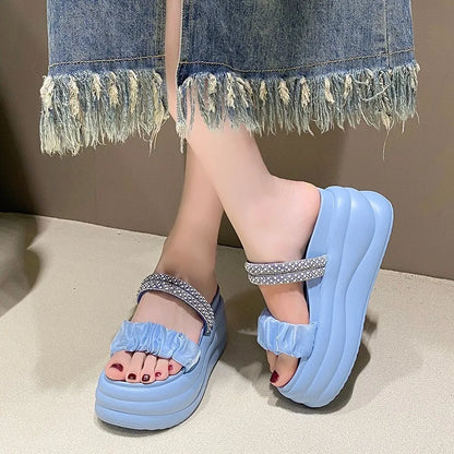 New Summer High Platform Women Sandals Slip-On 8.5CM Wedges Bling Shoes Fashion Outside Chunky Sandals Beach Casual Slides Woman