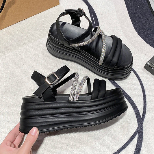 Buckle Strap Chunky Sandals Women Summer High Platform Wedges Slippers Woman New Bling Decoration Thick Bottom Slides 8CM Pumps