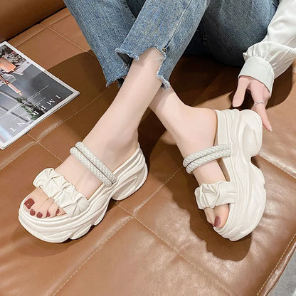 Slippers Casual Female Shoes Women Heels Slides Platform Luxury 2024 High Summer Flat Fashion PU Chain Bonded Leather Scandals