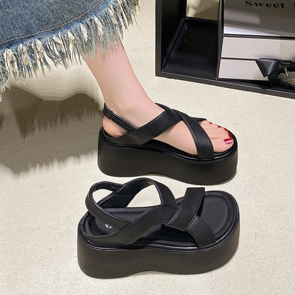 8.5cm NEW PU Women Peep Toe Weave Natural Cow Genuine Leather Platform Wedge 2024 Fashion Slippers ROME Summer Women Shoes