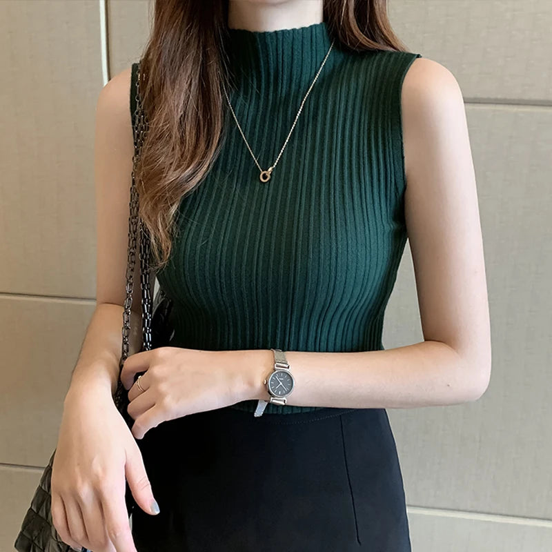 Solid Slim Thin Sleeveless Knitted Sweater 2023 Spring Summer Half High Neck Shirt for Women Elegant Casual Blouse Blusas 15662