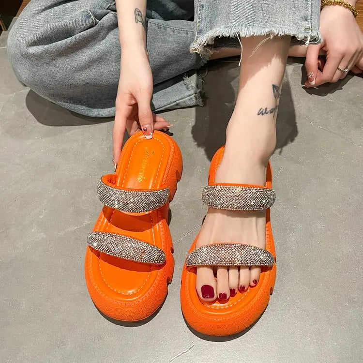 2023 New Summer Sandals Women's Crystal Wedge Thick Sole Women's Leather Slippers Women's Thick Corner Fashion Sandals