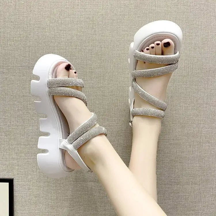 Summer Cross Strap Rhinestone Platform Platform Piano Bottom Open Toe Beach Sandals Women's Shoes Trend Sandles