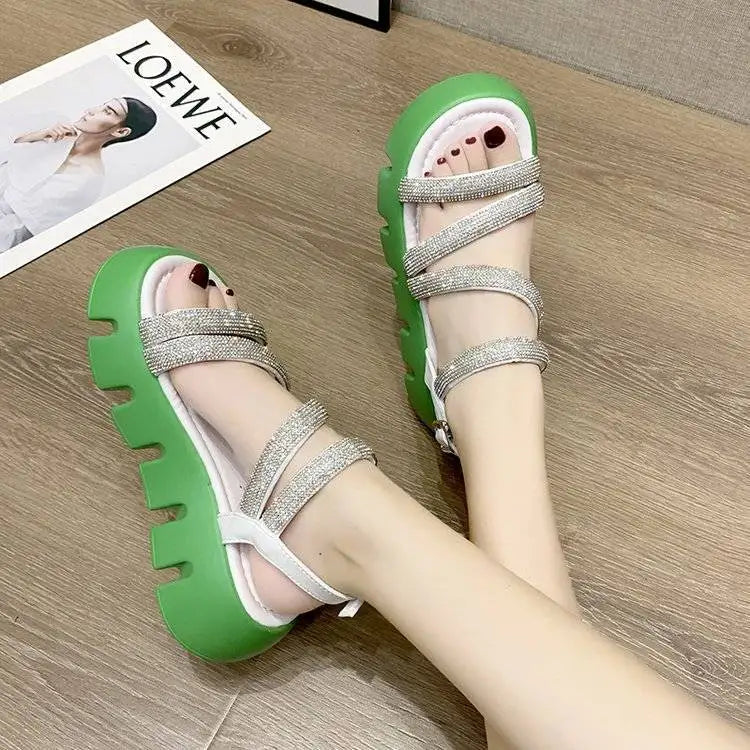 Summer Cross Strap Rhinestone Platform Platform Piano Bottom Open Toe Beach Sandals Women's Shoes Trend Sandles