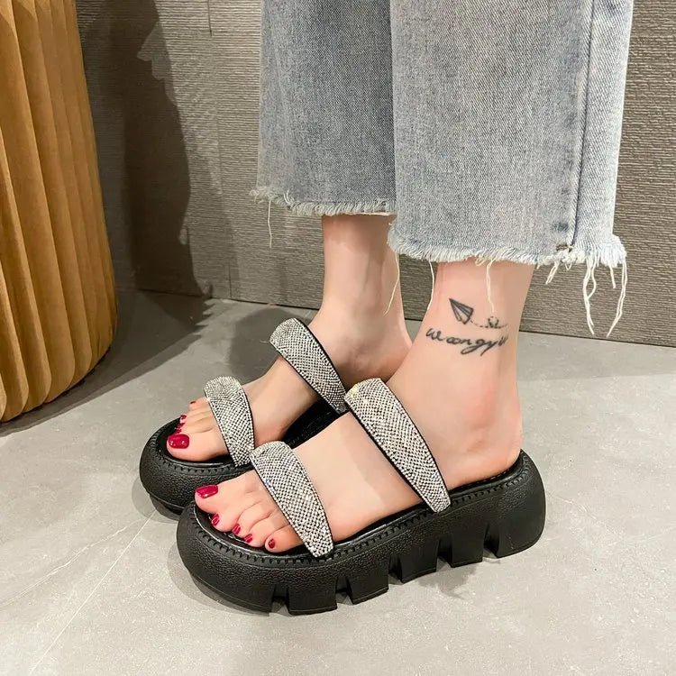 2023 New Summer Sandals Women's Crystal Wedge Thick Sole Women's Leather Slippers Women's Thick Corner Fashion Sandals