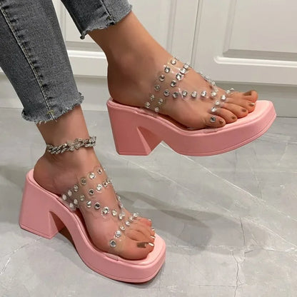 In The Summer of 2024 The New Fashion Deep-mouth High Heel Transparent Casual Comfortable PU Face Square-headed Women's Slippers