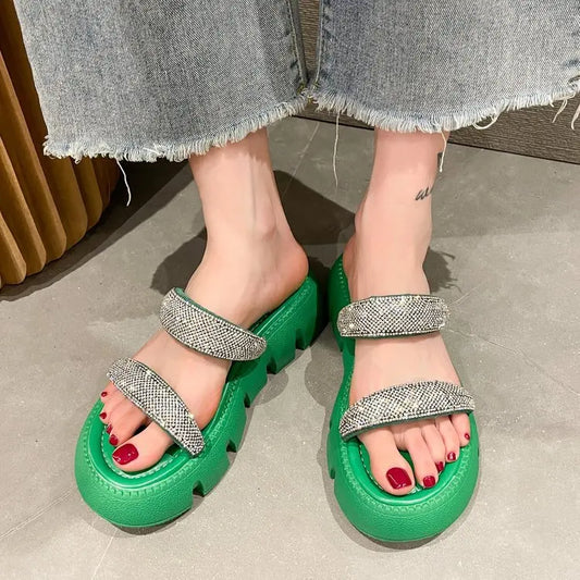 2023 New Summer Sandals Women's Crystal Wedge Thick Sole Women's Leather Slippers Women's Thick Corner Fashion Sandals