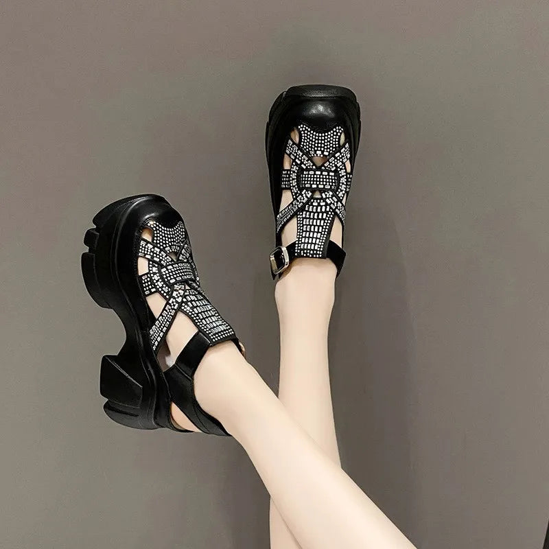 Women's Fashionable Mules Rhinestone Sandals Synthetic Platform Wedge Buckle Women's Fashion Casual Summer Slippers C1339