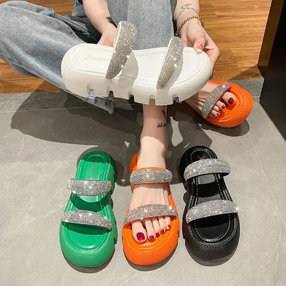 Sandals Woman Crystal Wedge  Summer 2022 Chunky Platform Women Leather Slippers Thick Sole Gladiator Shoes for Women Flip Flops