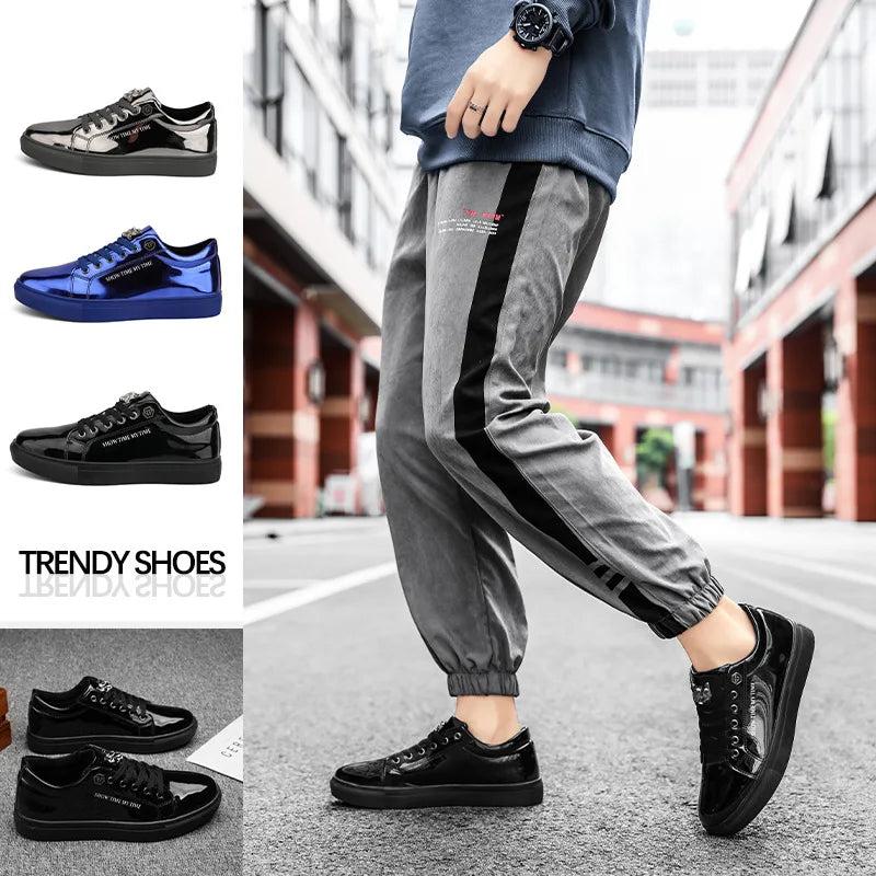 2024 Fashion blue High Mirrors Shoes Men Casual Big Size Glitter Leather Men Footwear Comfortable Flat Man Shoes zapatos hombre