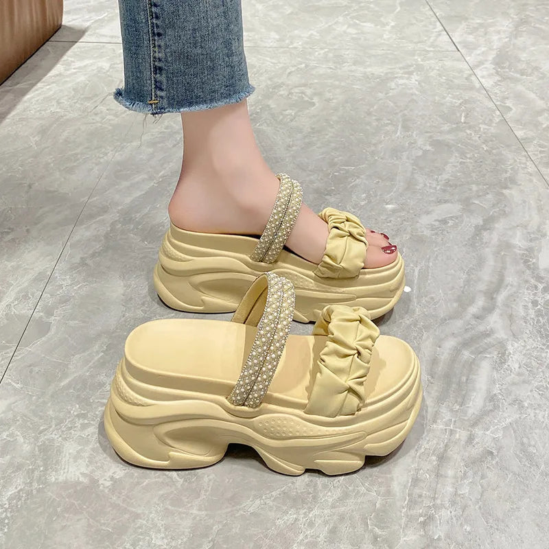 Slippers Casual Female Shoes Women Heels Slides Platform Luxury 2024 High Summer Flat Fashion PU Chain Bonded Leather Scandals