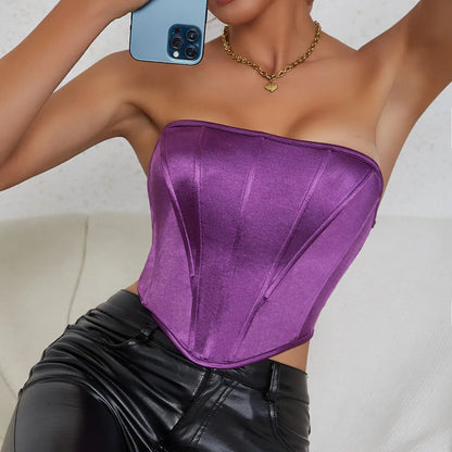 Women Crop Tops 2023 Spring Satin Corset Off Shoulder Bone Patchwork Romance Sexy Cincher Waist Shapewear Tank Body Shaper