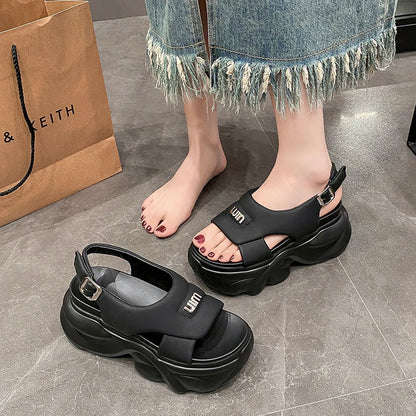 Hot Summer Women Leather Thick Sole Sandals New Peep Toe Flip-Flops 9CM High Platform Sandal Buckle Shoes Woman Zapatillas Mujer