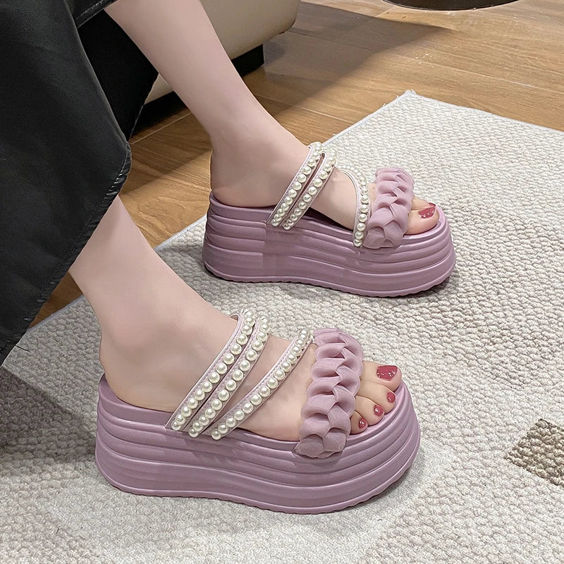 9CM Summer Casual High Platform Sandals Women Buckle Strap Slippers Thick Bottom Pearl Sandalias Woman Chunky Beach Shoes Mujer