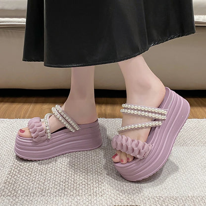 9CM Summer Casual High Platform Sandals Women Buckle Strap Slippers Thick Bottom Pearl Sandalias Woman Chunky Beach Shoes Mujer