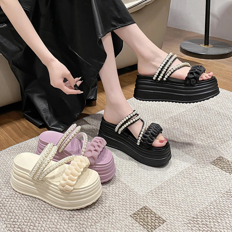 9CM Summer Casual High Platform Sandals Women Buckle Strap Slippers Thick Bottom Pearl Sandalias Woman Chunky Beach Shoes Mujer