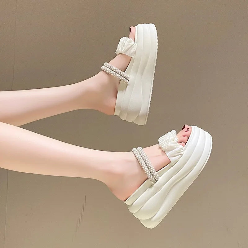 New Summer High Platform Women Sandals Slip-On 8.5CM Wedges Bling Shoes Fashion Outside Chunky Sandals Beach Casual Slides Woman