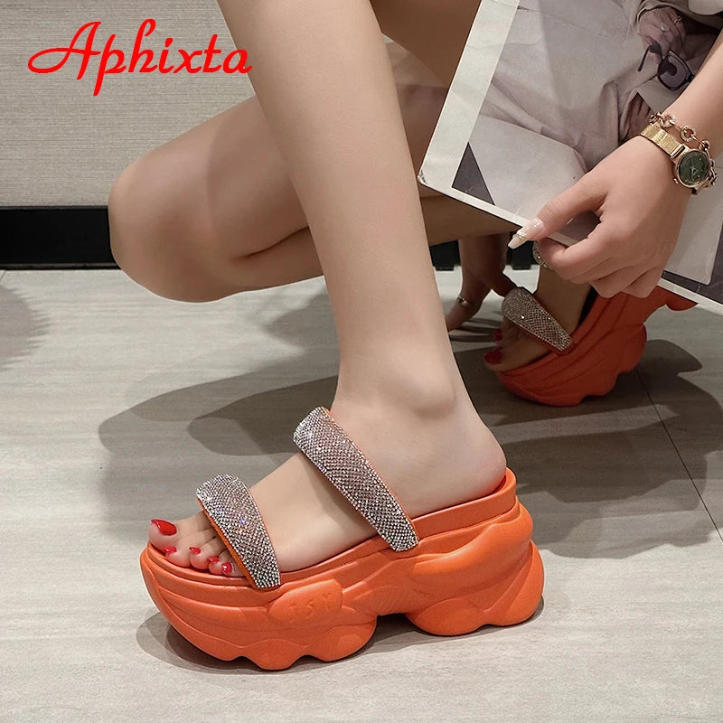 Aphixta 2024 New Luxury Crystals Summer Thick Sole Slides Simple Platform Women Shoes Green Flip Flops Wedge Heel Beach Slippers