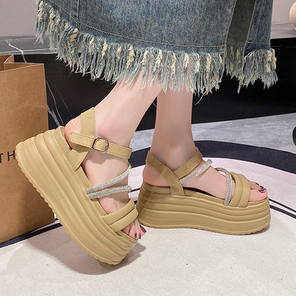 Buckle Strap Chunky Sandals Women Summer High Platform Wedges Slippers Woman New Bling Decoration Thick Bottom Slides 8CM Pumps