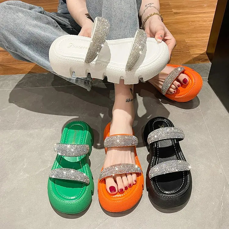 2023 New Summer Sandals Women's Crystal Wedge Thick Sole Women's Leather Slippers Women's Thick Corner Fashion Sandals