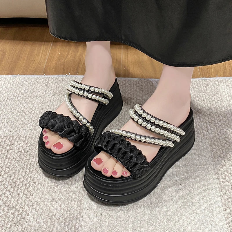 9CM Summer Casual High Platform Sandals Women Buckle Strap Slippers Thick Bottom Pearl Sandalias Woman Chunky Beach Shoes Mujer