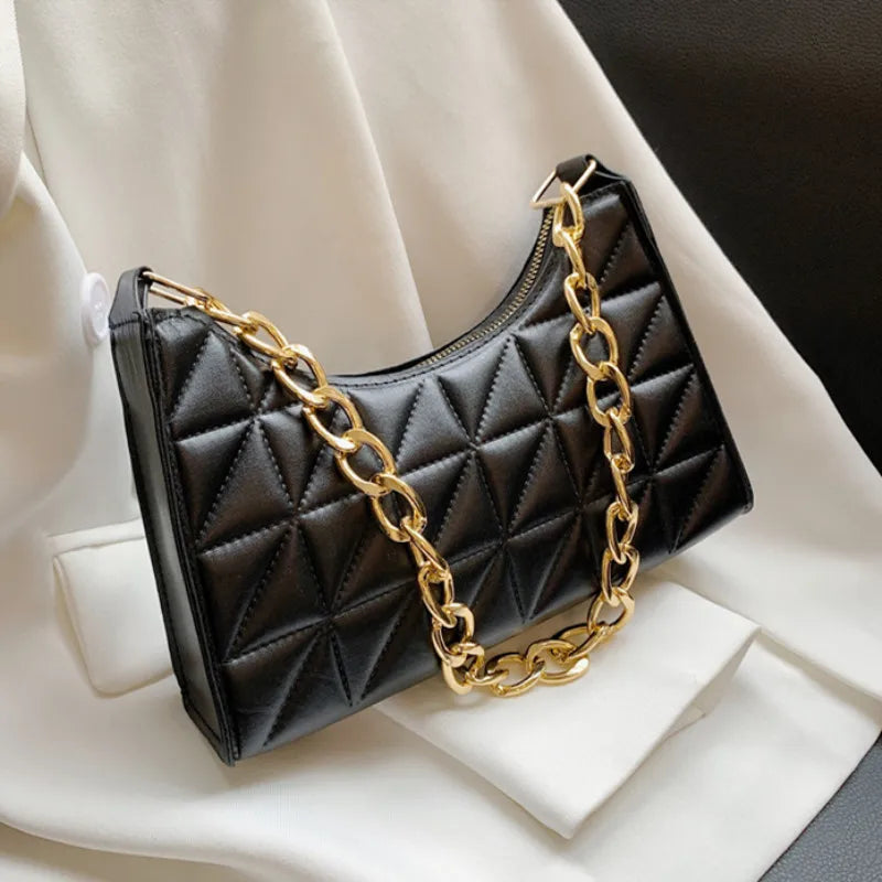 100% Polyurethane Solid Color Stitching Underarm Bag Chain One-shoulder WOMEN'S Bag