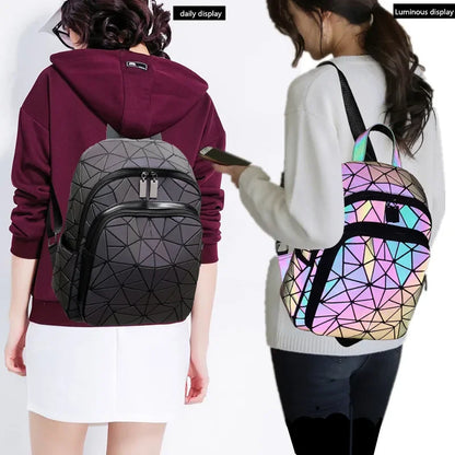 Fashion Women's luminous Backpack PVC holographic geometric School Bags For Teenage Girls Bagpack mochila feminina Travel Should