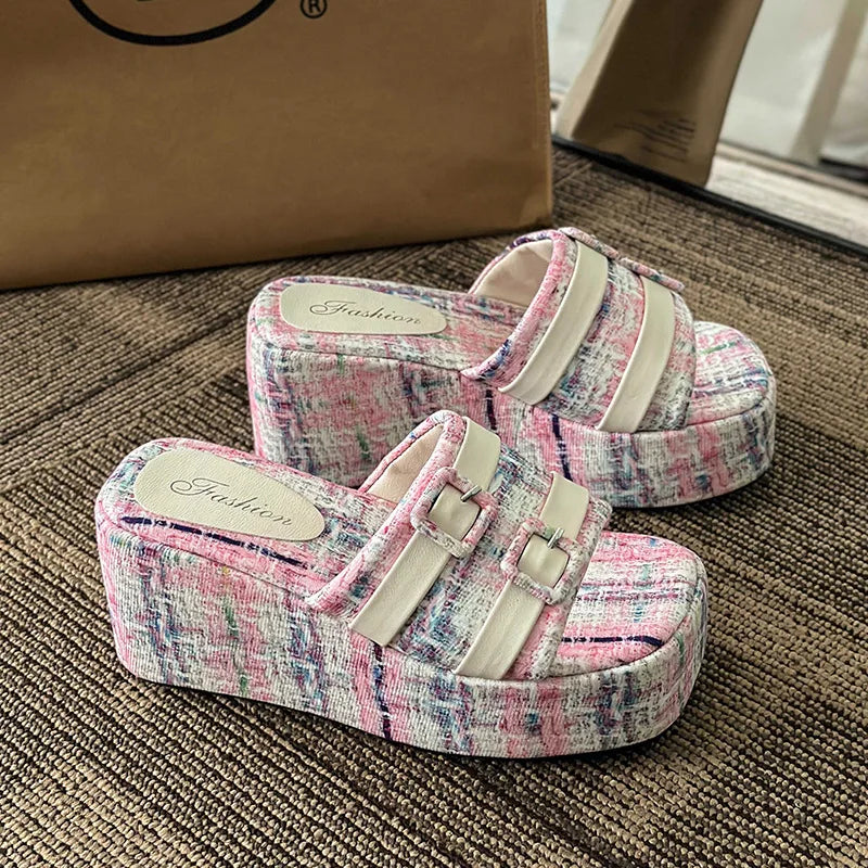 Square Head Platform Slippers Belt Buckles Corduroy Open-toe Women Sandals Summer New 2024 Designer Shoes Fashion Wedge Sandals