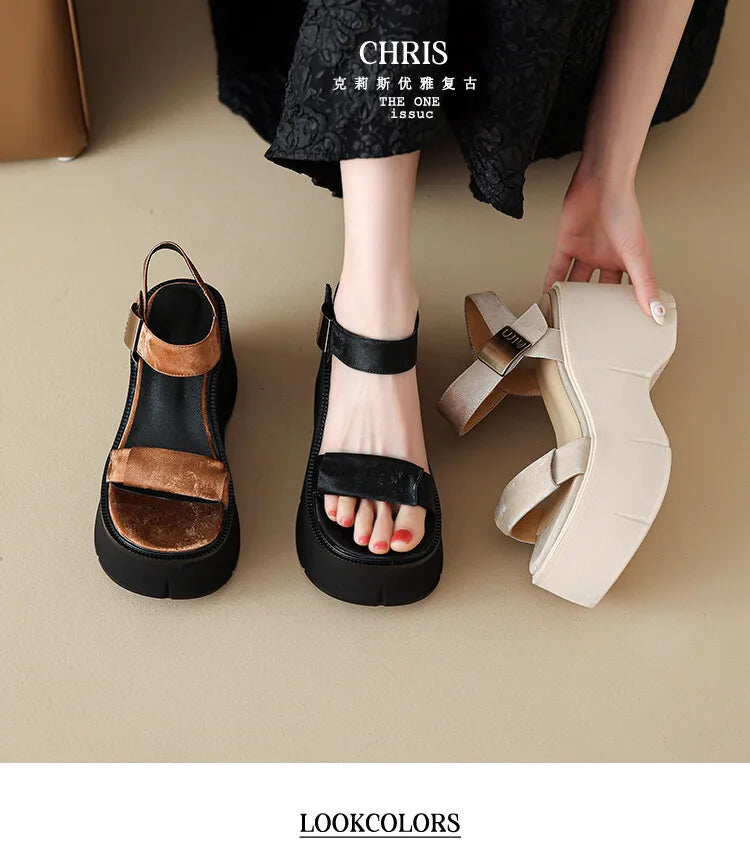 PRXDONG New Brand Summer Shoes Woman Sandals Wedges High Heels Thick Platform Ankle Strap Beige Brown Dress Party Lady SHoes