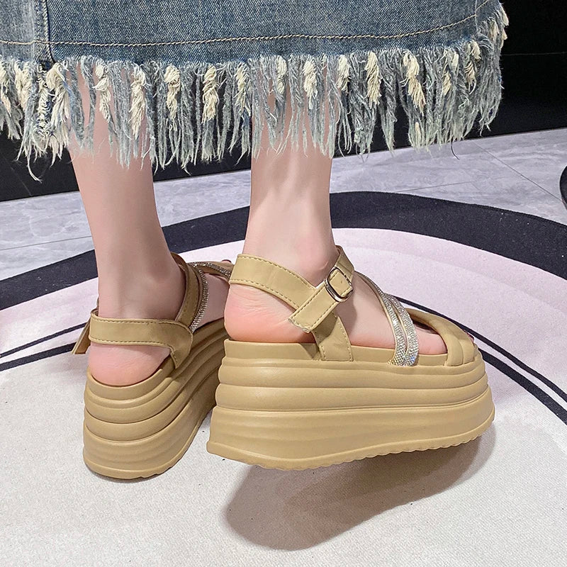 Buckle Strap Chunky Sandals Women Summer High Platform Wedges Slippers Woman New Bling Decoration Thick Bottom Slides 8CM Pumps