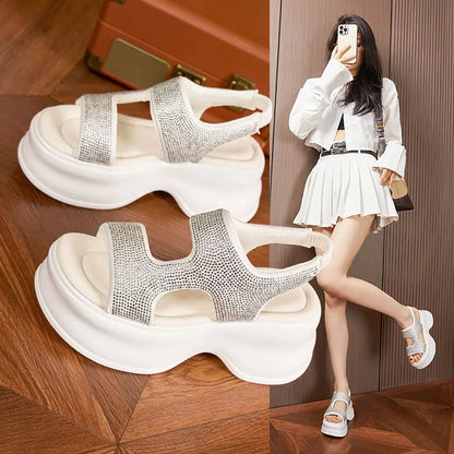 8cm Genuine Leather Rhinestone Platform Wedge Flats Leisure Sandals Elegance Women Summer Bling Slippers Luxury Slip-On Shoes