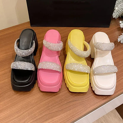 High Platform Rhinestone Mule Shoes Woman Summer Luxury Crystal Strap Sandals Ladies Brand Design Bling Pink Wedge Slide Slipper