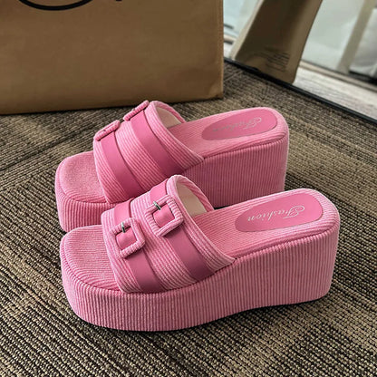 Square Head Platform Slippers Belt Buckles Corduroy Open-toe Women Sandals Summer New 2024 Designer Shoes Fashion Wedge Sandals